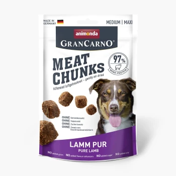 GranCarno Meat Chunks Adult, Lamm 6x80 g Hundefutterverpackung mit GranCarno Fleischstücken, 97% Monoprotein, mit einem lächelnden Hund und "Lamm Pur" ohne Getreide oder Zusatzstoffe.