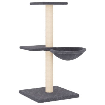 Grauer Katzenbaum mit zwei flachen Plattformen und einer hängenden Hängematte, mit einem sisalumwickelten Pfosten zum Kratzen.