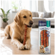 Golden Retriever kaut an einem gedrehten Kauknochen neben einer Verpackung mit der Aufschrift 'PREMIERE I love my dog, Chew Snack, Maxi Rolls'.