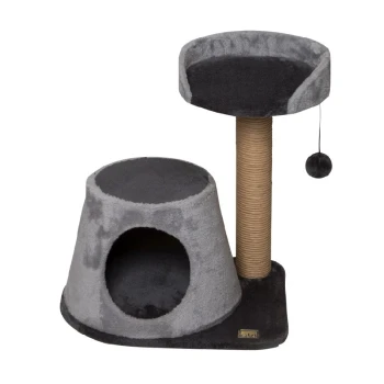 Europet Kratzbaum TREND PALM Grauer Katzenbaum mit einer gemütlichen Höhle, einer erhöhten Plattform und einem Kratzbaum, mit einem baumelnden Ballspielzeug.
