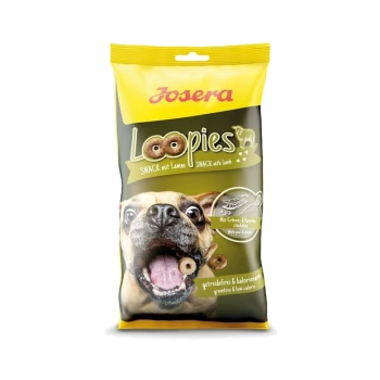 Eine Tüte Josera Loopies Hundesnacks mit einem glücklichen Hund. Die Verpackung hebt "SNACK mit Lamm" und kalorienarme Zutaten hervor.