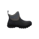 Schwarze wasserdichte Knöchelstiefel mit grauen Akzenten und einer strukturierten Sohle, mit einer Zuglasche für einfaches Anziehen.