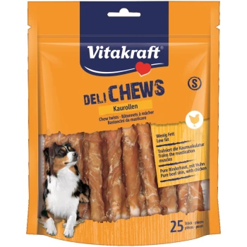 Emballage de Vitakraft Deli Chews avec des torsades à mâcher pour chiens, présentant un chien noir et blanc et du texte sur les bienfaits pour la faible teneur en matières grasses et l'entraînement musculaire.