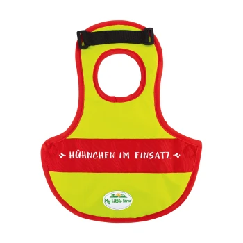 - Federschutzweste für Hühner (mit Aufdruck "Hühnchen im Einsatz") Ein hellgelnes und rotes Haustiergeschirr mit dem Text "HÜHNCHEN IM EINSATZ" auf einem roten Band, mit einem Logo für "My Little Farm."