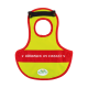 Ein hellgelnes und rotes Haustiergeschirr mit dem Text "HÜHNCHEN IM EINSATZ" auf einem roten Band, mit einem Logo für "My Little Farm."
