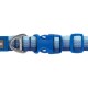Blau- und hellblau gestreifte Hundehalsband mit einem Metall-D-Ring und Kunststoffschnalle, mit dem Markennamen "RUFFWEAR."