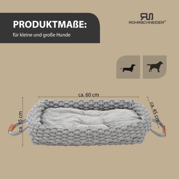 Hundebett in Grau mit den Abmessungen von etwa 60 cm x 45 cm x 15 cm, geeignet für kleine und große Hunde.