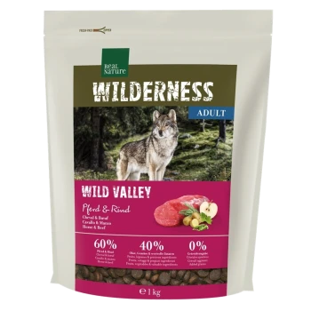 1 kg Beutel Real Nature Wilderness Hundefutter, "Wild Valley," mit Wolf-Bild; 60% Pferd & Rind, 40% Früchte & Gemüse, keine Körner.
