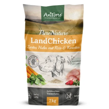 2 kg Sack AniForte PureNature LandChicken Hundefutter mit Hundillustration, Karotten, Reis und Huhn. Text: "Zartes Huhn mit Reis & Karotten."