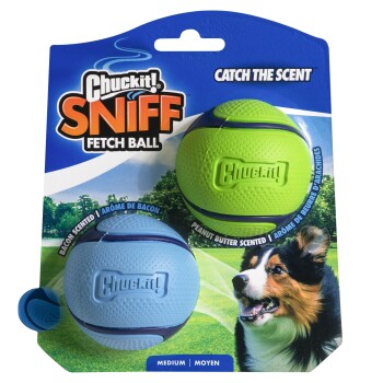 Zestaw piłek Chuckit! Sniff Fetch Ball o zapachu bekonu i masła orzechowego, obraz psa i napis „Catch the Scent.”
