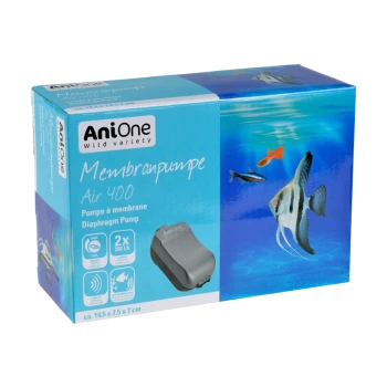 Box of AniOne Membranpumpe Air 400 diaphragm pump for aquariums, featuring fish illustrations and product details on a blue background.