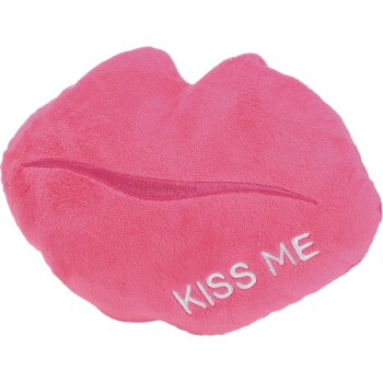 Pinkes Plüsch-Haustierspielzeug in Lippenform mit gesticktem Text "KISS ME" unten rechts.