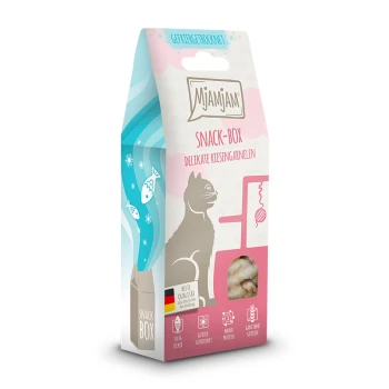 Verpackung für die Mjamjam Snack-Box mit zarten Riesengarnelen für Haustiere, mit einer verspielten Katzenillustration und Text auf Deutsch.