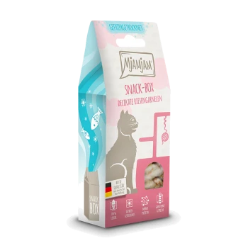 Verpackung für die Mjamjam Snack-Box mit zarten Riesengarnelen für Haustiere, mit einer verspielten Katzenillustration und Text auf Deutsch.