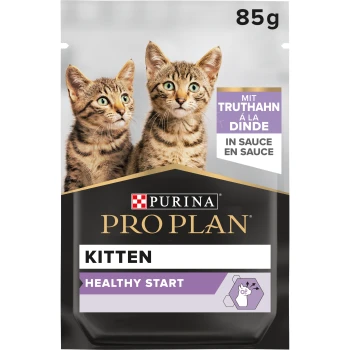 Verpackung für Purina Pro Plan Kittenfutter, mit zwei gestreiften Kätzchen, beschriftet mit "Healthy Start" und Truthahn in Sauce, 85g.