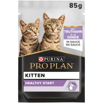 Verpackung für Purina Pro Plan Kittenfutter, mit zwei gestreiften Kätzchen, beschriftet mit "Healthy Start" und Truthahn in Sauce, 85g.