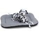 Ein Dalmatiner liegt auf einem plüschigen grauen Hundebett mit schwarzem Rand und zeigt seine charakteristischen schwarzen Flecken.