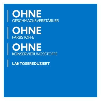 Blaues Produktetikett für Haustiere auf Deutsch: 'OHNE GESCHMACKSVERSTÄRKER; OHNE FARBSTOFFE; OHNE KONSERVIERUNGSSTOFFE; LAKTOSE REDUZIERT'.