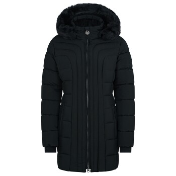 Schwarze Pufferjacke mit einer mit Kunstfell gefütterten Kapuze, mit einem Reißverschluss vorne und seitlichen Taschen.