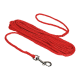 Red braided pet leash with a metal clip at one end, coiled neatly on a white background.