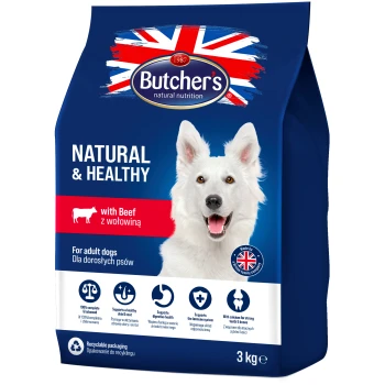 Natural&Healthy Dog z wołowiną 3 kg Opakowanie karmy dla psów z marką Butcher's, oznaczone 'Natural & Healthy with Beef,' dla dorosłych psów, 3 kg, z wymienionymi korzyściami odżywczymi.