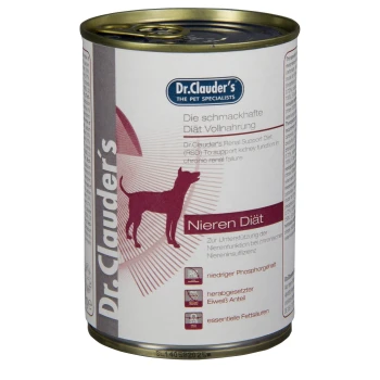 Dr. Clauder's Nierendiät Dosenfutter für Hunde, mit einer Hundesilhouette und Text über niedrigem Phosphor, reduzierten Proteinen und Fettsäuren.