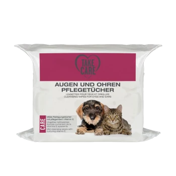 Reinigingsdoekjes voor de ogen en oren van huisdieren, met een hond en kat op de verpakking. De tekst bevat 'TAKE CARE' en 'AUGEN UND OHREN PFLEGETÜCHER.'