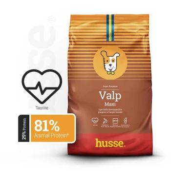 Super Premium Hundefutterbeutel mit der Aufschrift "Valp Maxi" für Welpen größerer Rassen, mit 81% tierischem Protein und einem Taurin-Symbol.