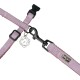 A lavender pet leash with a black clip and adjustable buckle, featuring a silver charm and a logo tag that reads "Mackie."