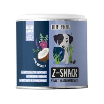 Blauer zylindrischer Behälter mit dem Etikett "Tierliebhaber Z-Snack" mit Pfotenabdrücken und haustierbezogenen Symbolen, der natürliche Haustierleckerlis betont.