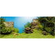 Aquarium landscape featuring lush green plants, textured rocks, and a bright blue background, ideal for aquatic pets.