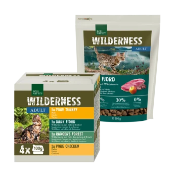 Wilderness Katzenfutterverpackung mit einer Box mit vier 100g "Adult" Portionen (Pure Turkey, Dark Fiord, Ranger's Forest) und einem Trockenfutterbeutel.