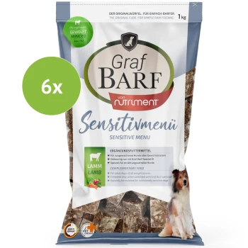 Graf BARF Lamm Sensitivmenü Hundefutter, 2,5 kg, Lammgeschmack, für sensible erwachsene Hunde, Premiumqualität, 6x Würfel gezeigt.