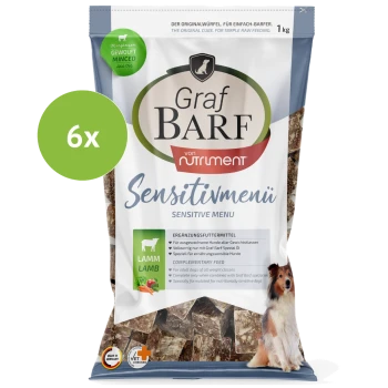 Graf BARF Lamm Sensitivmenü Hundefutter, 2,5 kg, Lammgeschmack, für sensible erwachsene Hunde, Premiumqualität, 6x Würfel gezeigt.