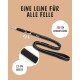 Schwarze Haustierleine auf einem beigen Hintergrund, mit dem Text 'Eine Leine für alle Felle', Gesamtlänge 230 cm, Breite 2,5 cm.