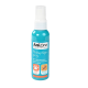 Türkisfarbene "AniOne Paw Care Spray"-Flasche mit Pfotenabdrucksymbol und Grafik natürlicher Inhaltsstoffe, beschriftet in mehreren Sprachen.