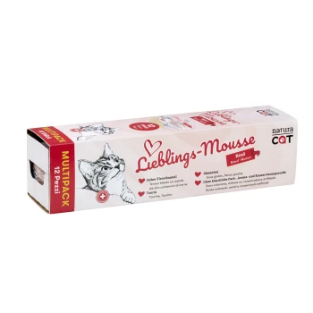 Multipack Lieblings-Mousse Rind 12x85 g Multipack Katzenfutter mit der Aufschrift "Lieblings-Mousse Rind" und einer verspielten Katzenillustration, die den hohen Fleischanteil und die Glutenfreiheit hervorhebt.