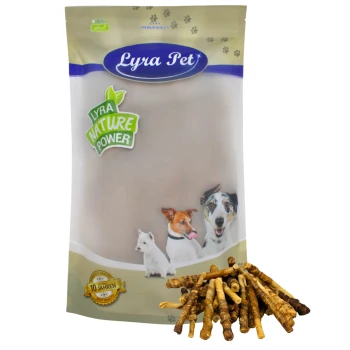 Büffelsticks mit Rindfleisch 1 kg Lyra Pet Hundeleckerlipackung mit "100% natürlich" und "Lyra Nature Power" Text, mit Bildern eines Hundes, einer Katze und eines kleinen Hundes.