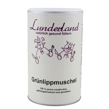 Grünlippmuschelpulver für Hunde und Katzen 500 g Zylindrischer Behälter mit der Aufschrift "Lunderland Grünlippmuschel" mit Cartoon-Hunden und -Katzen, die Utensilien halten; der Text lautet "100% perna canaliculus."