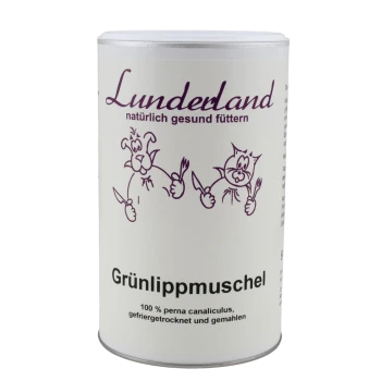 Zylindrischer Behälter mit der Aufschrift "Lunderland Grünlippmuschel" mit Cartoon-Hunden und -Katzen, die Utensilien halten; der Text lautet "100% perna canaliculus."