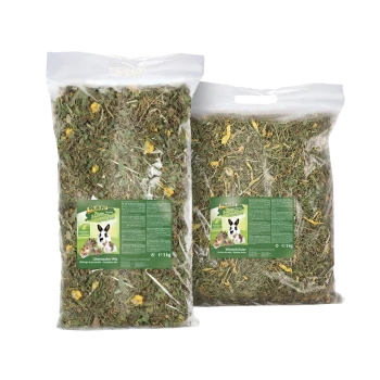 Deux sacs transparents de 1 kg de mélange de foin aux herbes séchées MultiFit pour lapins et petits animaux, avec étiquettes vertes et images de lapins.