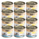 Zwölf Dosen DOGS'N TIGER Katzenfutter, beschriftet mit "WOHLTAT HÜHNCHEN & LACHS," mit einer Katzengrafik und dem Hinweis "100% NATURAL JUST FOOD."