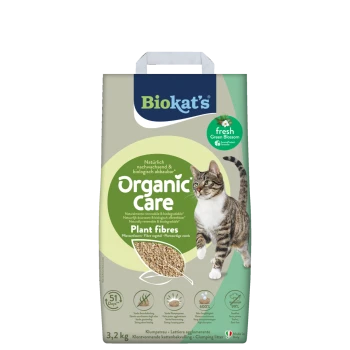 Biokat's Organic Care Pflanzenfaser-Klumpstreu, Duft 'Fresh Green Blossom', mit Bild einer getigerten Katze.