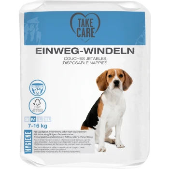 Paquet de couches jetables pour chiens avec une illustration de beagle, étiqueté "Prenez soin" et "Einweg-Windeln," adapté pour les chiens de 7 à 16 kg.