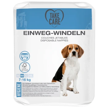 Paquet de couches jetables pour chiens avec une illustration de beagle, étiqueté "Prenez soin" et "Einweg-Windeln," adapté pour les chiens de 7 à 16 kg.