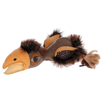 Plüsch-Vogel-förmiges Hundespielzeug aus braunem und orangefarbenem Stoff, mit Kunstfell-Akzenten und einem geknoteten Seil als Schwanz.