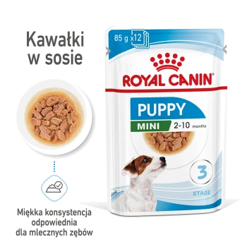 Opakowanie mokrej karmy dla szczeniąt Royal Canin Puppy Mini, z małym psem i miską miękkich kawałków w sosie, odpowiednie dla szczeniąt w wieku 2-10 miesięcy.