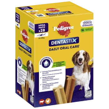 Gelbe Pedigree DENTASTIX Daily Oral Care Mega-Pack x28 (10–25 kg) Schachtel mit Hundeabbildung und Dentalsticks