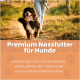 Dose mit Haustierfutter, beschriftet mit "Hühnerschmaus Möhren & Birnen", mit Hühnchen, Karotten und Birnen, hebt Qualität und getreidefreie Zutaten hervor.