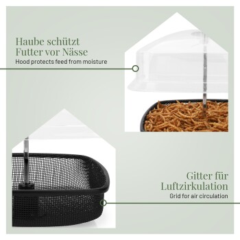 Bild eines Haustierfutterbehälters mit einer transparenten Haube zum Schutz des Futters vor Feuchtigkeit und einem schwarzen Netzgitter für Luftzirkulation.